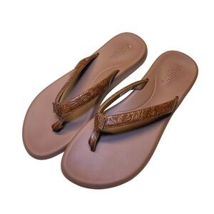 Flojos Womens Flip Flops Tan Embossed Floral leather Thong Sandals Size 10